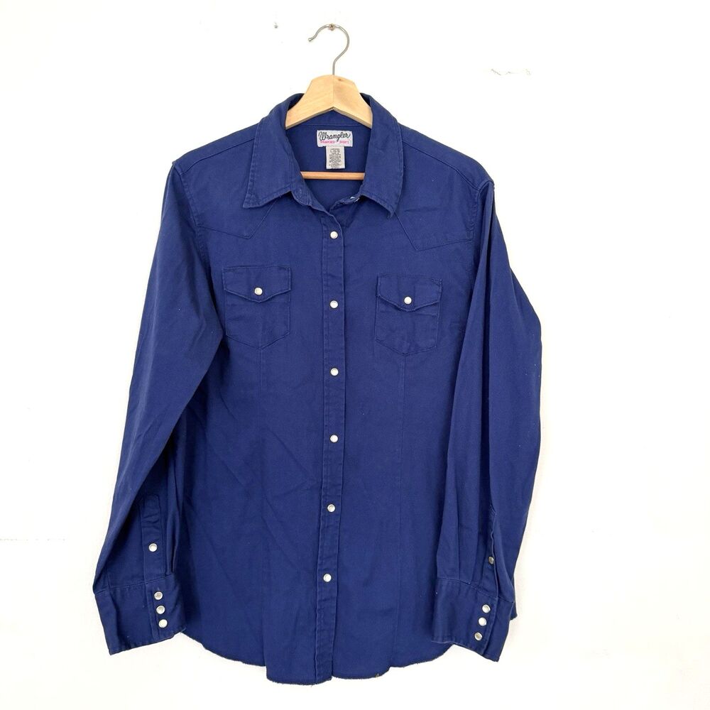 VTG 90s Wrangler Women’s Western Denim Pearl Snap Long Sleeve Shirt Size Large - Picture 2 of 7